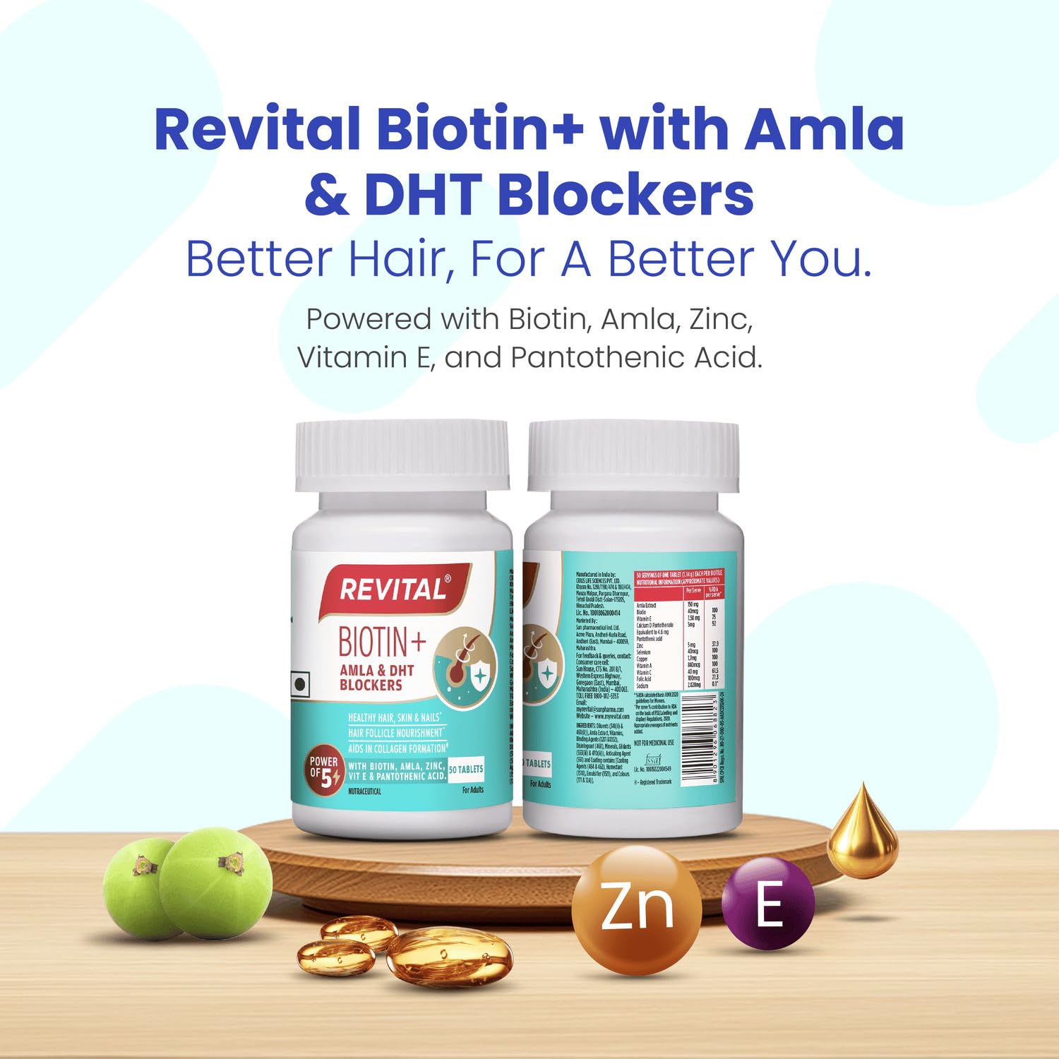 Revital Biotin Vitamin B7 Supplement with Amla, Zinc, Vitamin E & Pantothenic Acid, 50 Tablets - front view