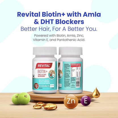 Revital Biotin Vitamin B7 Supplement with Amla, Zinc, Vitamin E & Pantothenic Acid, 50 Tablets - front view