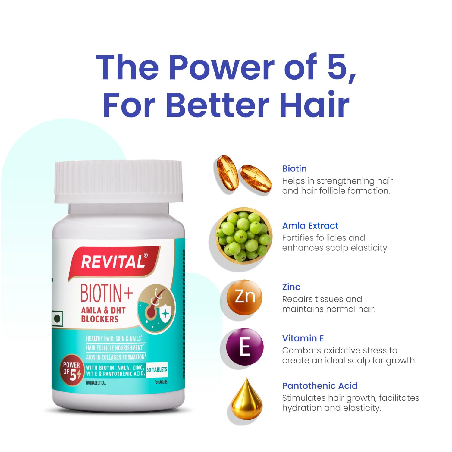 Revital Biotin Vitamin B7 Supplement with Amla, Zinc, Vitamin E & Pantothenic Acid, 50 Tablets - close-up detail