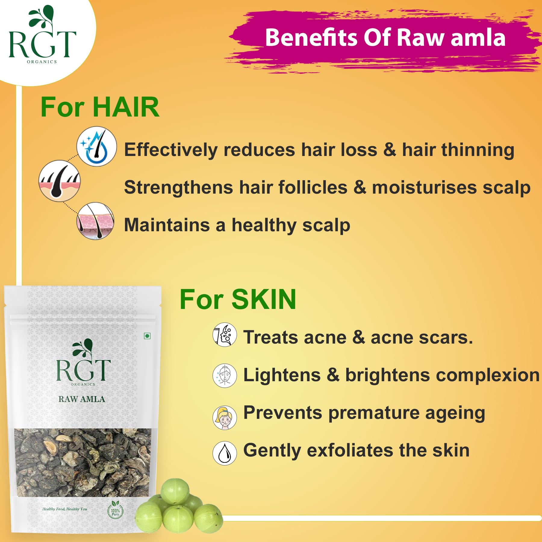 RGT Organics Dry Amla Pieces, 200g, Organic Sukha Amla Sabut, No Sugar No Salt, Dried Indian Gooseberry - front view