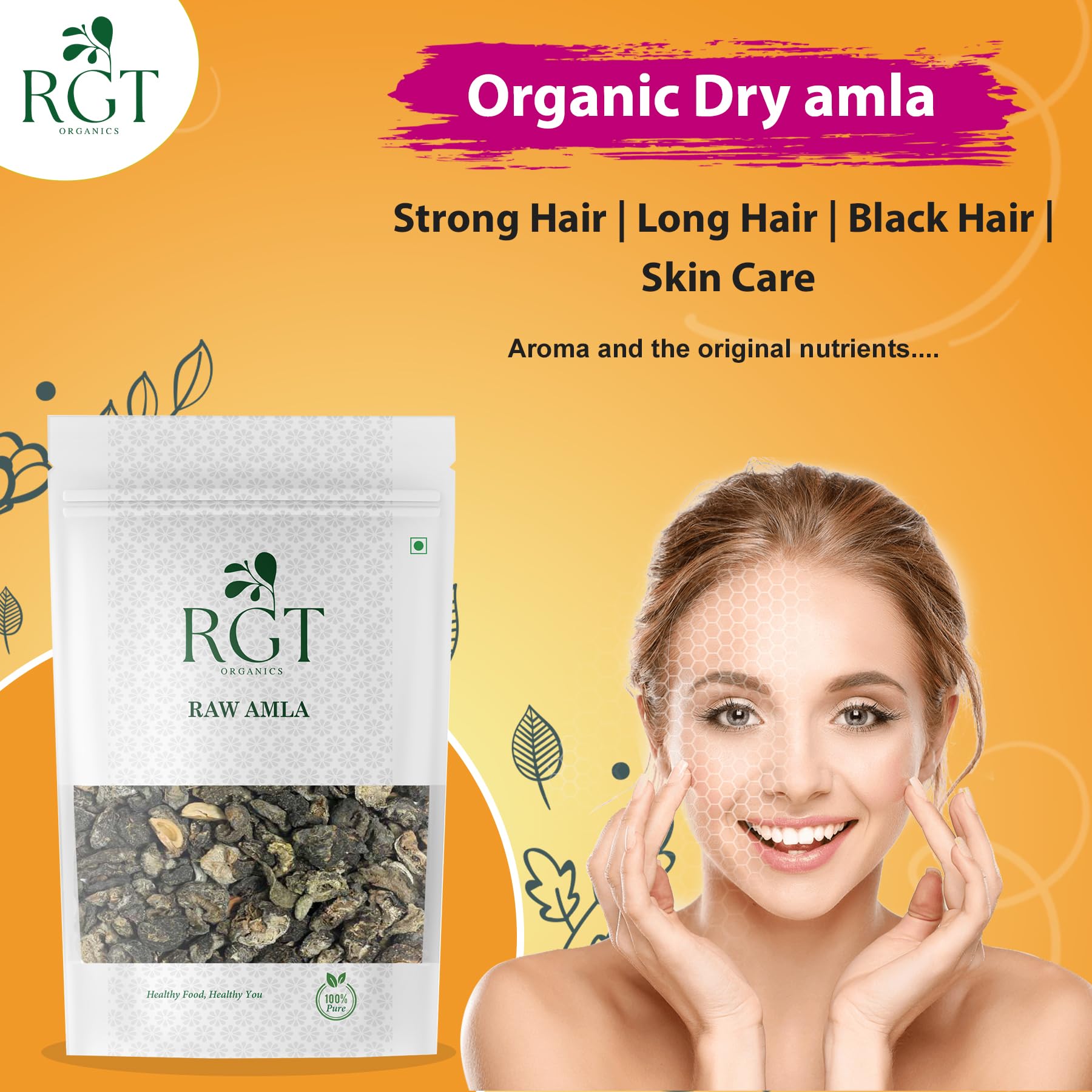 RGT Organics Dry Amla Pieces, 200g, Organic Sukha Amla Sabut, No Sugar No Salt, Dried Indian Gooseberry - packaging