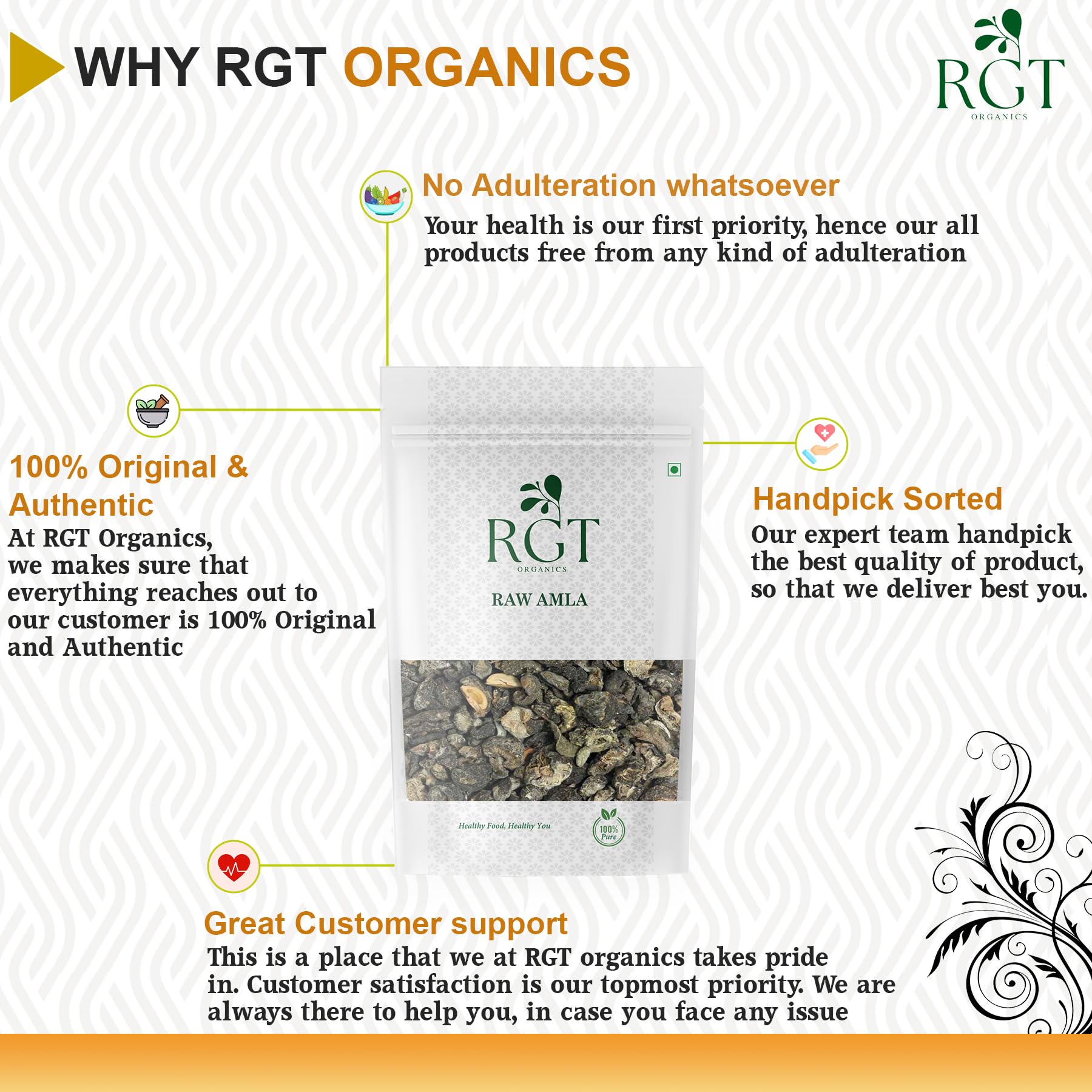 RGT Organics Dry Amla Pieces, 200g, Organic Sukha Amla Sabut, No Sugar No Salt, Dried Indian Gooseberry - label detail