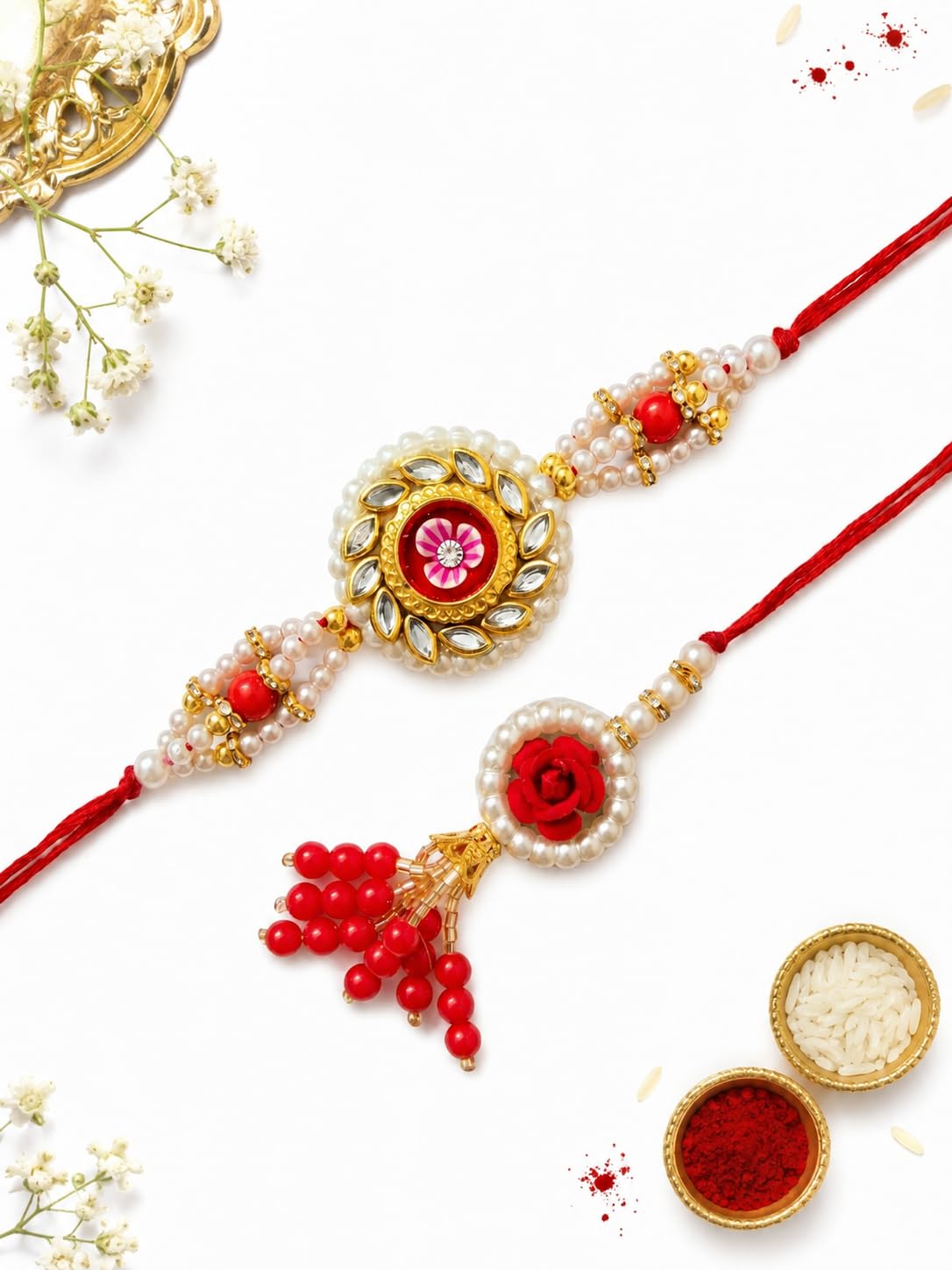 Ria Designer Lotus Flower Bhaiya Bhabhi Rakhi set with Roli Chawal Pack | Traditional Rakshabandhan Gift for Bhai, Bhaiya, Bh