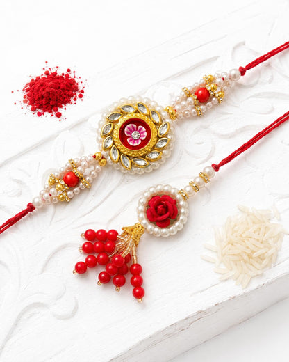 Ria Designer Lotus Flower Bhaiya Bhabhi Rakhi set with Roli Chawal Pack | Traditional Rakshabandhan Gift for Bhai, Bhaiya, Bh