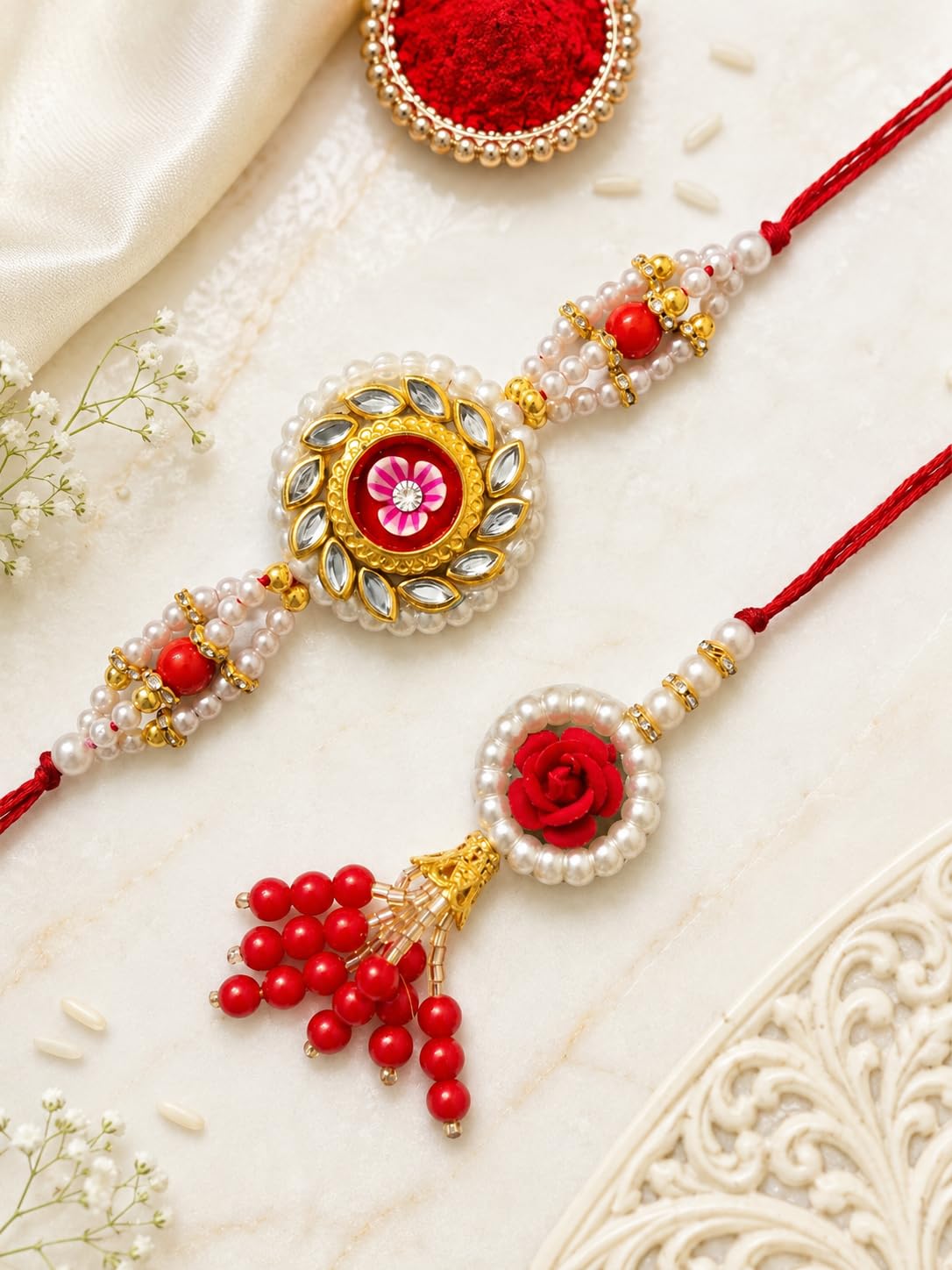 Ria Designer Lotus Flower Bhaiya Bhabhi Rakhi set with Roli Chawal Pack | Traditional Rakshabandhan Gift for Bhai, Bhaiya, Bh