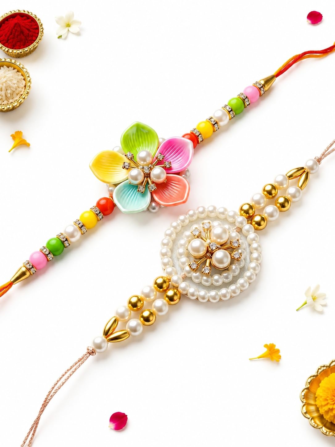Ria Designer Set of 2 Divine Lotus Pearl Rakhi for Brother Bhai Bhabhi with Roli Chawal Pack | Traditional Rakshabandhan Rakh