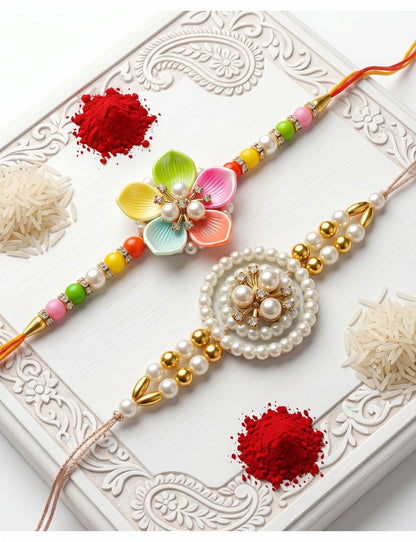 Ria Designer Set of 2 Divine Lotus Pearl Rakhi for Brother Bhai Bhabhi with Roli Chawal Pack | Traditional Rakshabandhan Rakh