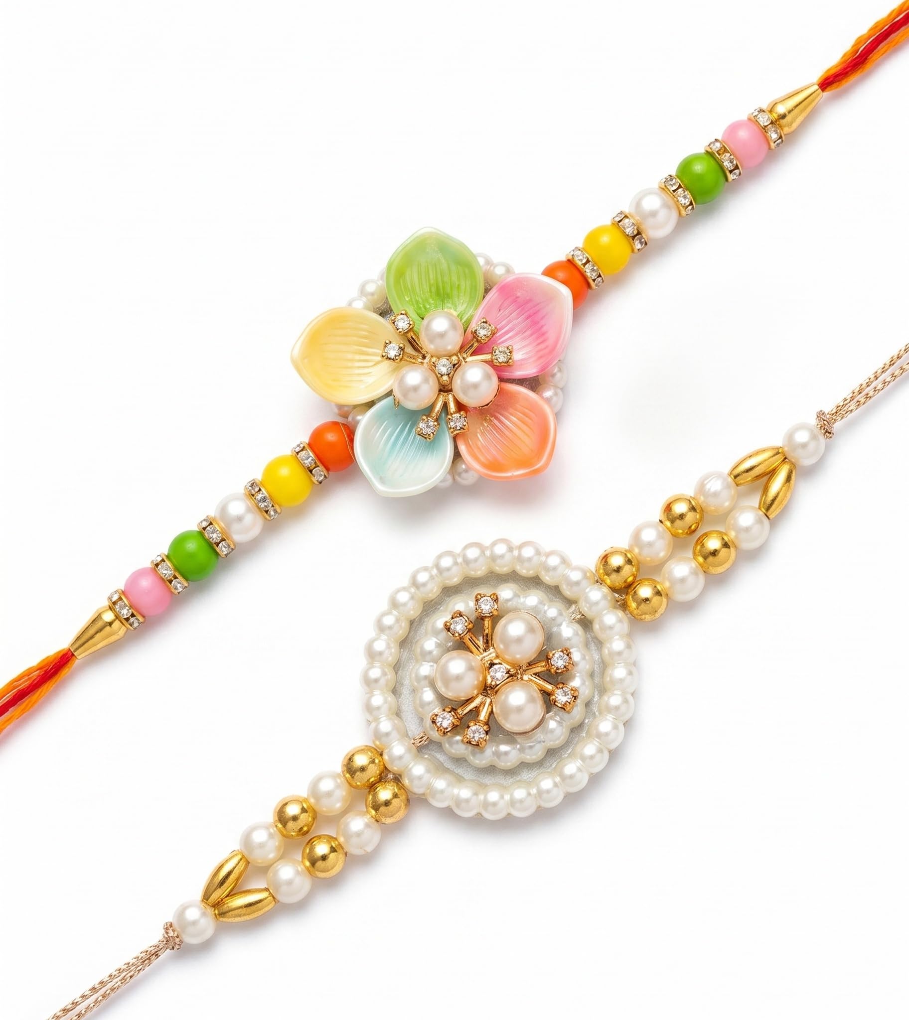 Ria Designer Set of 2 Divine Lotus Pearl Rakhi for Brother Bhai Bhabhi with Roli Chawal Pack | Traditional Rakshabandhan Rakh