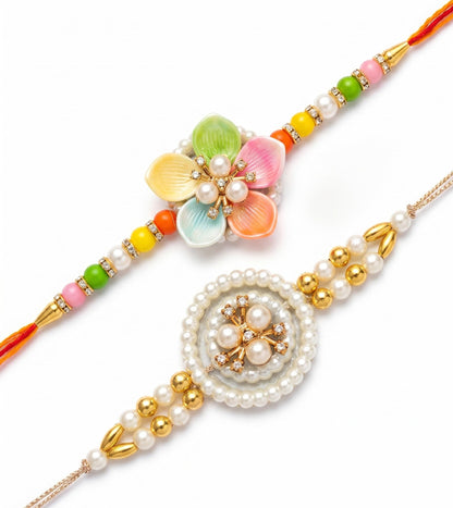 Ria Designer Set of 2 Divine Lotus Pearl Rakhi for Brother Bhai Bhabhi with Roli Chawal Pack | Traditional Rakshabandhan Rakh