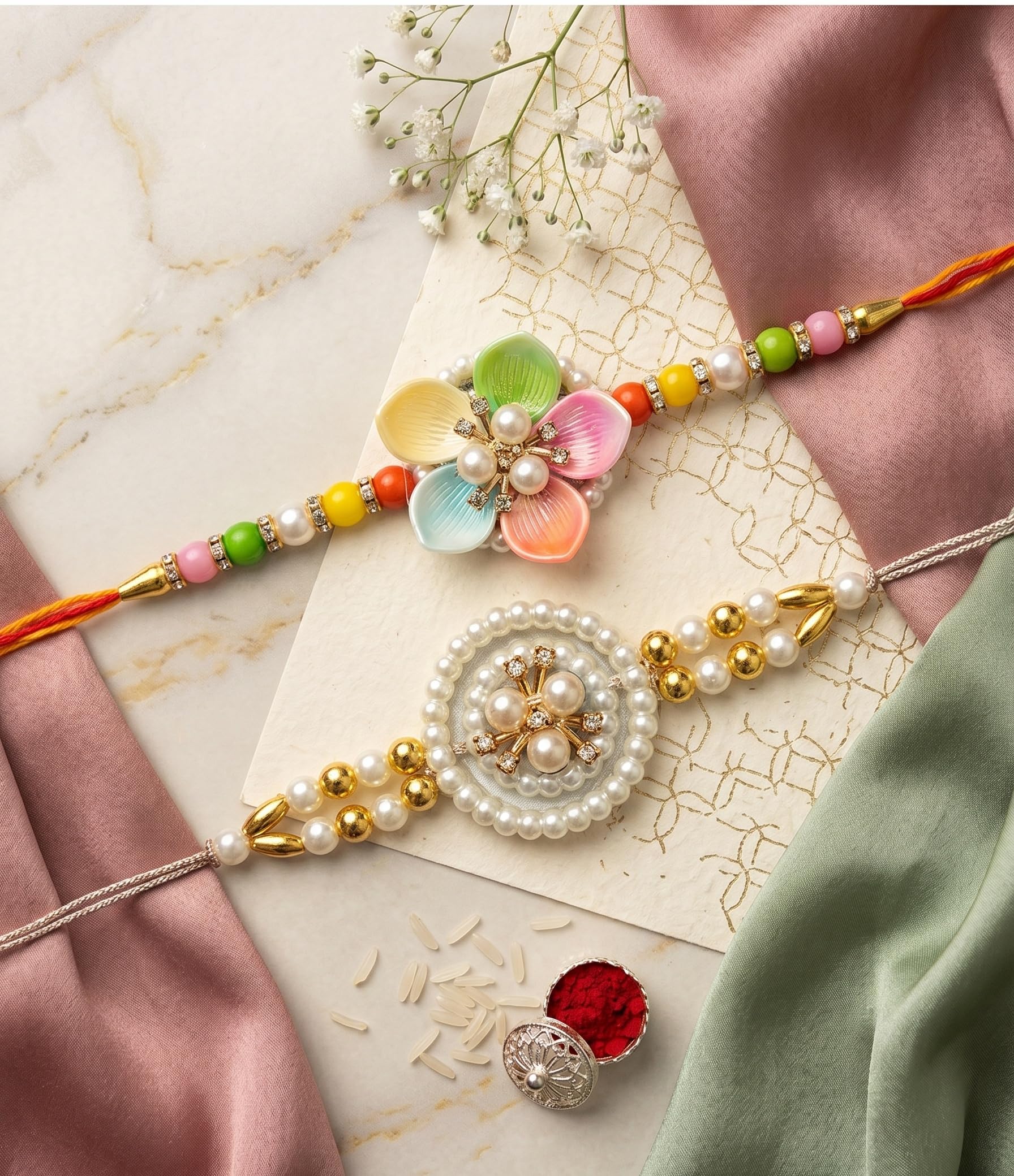 Ria Designer Set of 2 Divine Lotus Pearl Rakhi for Brother Bhai Bhabhi with Roli Chawal Pack | Traditional Rakshabandhan Rakh