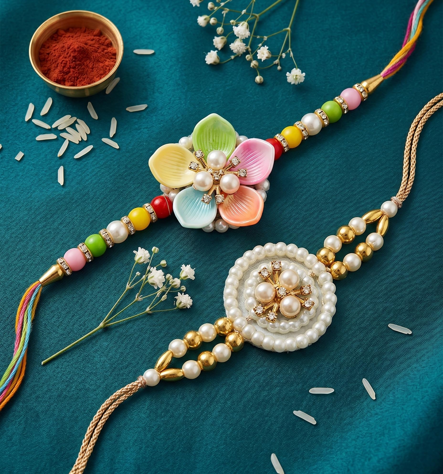 Ria Designer Set of 2 Divine Lotus Pearl Rakhi for Brother Bhai Bhabhi with Roli Chawal Pack | Traditional Rakshabandhan Rakh