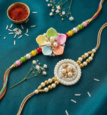 Ria Designer Set of 2 Divine Lotus Pearl Rakhi for Brother Bhai Bhabhi with Roli Chawal Pack | Traditional Rakshabandhan Rakh