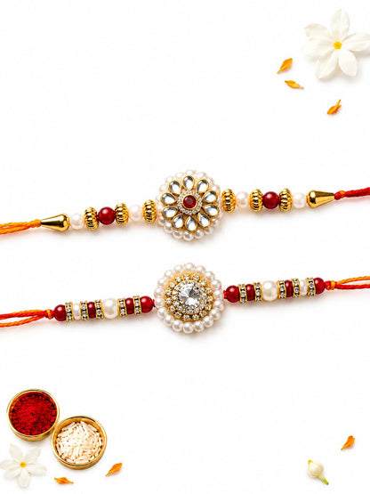 Ria Designer Set of 2 Golden Blossom Pearl Rakhi for Brother Bhai Bhabhi with Roli Chawal Pack | Traditional Rakshabandhan Ra