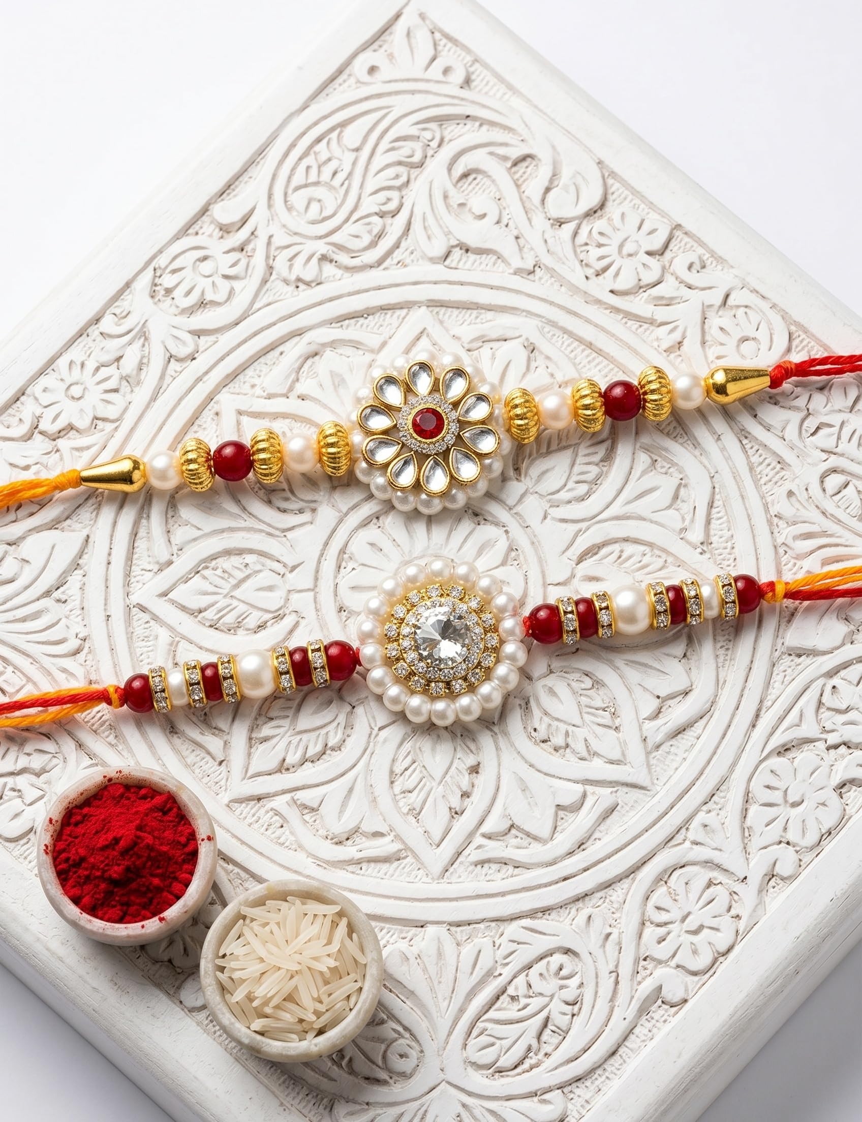 Ria Designer Set of 2 Golden Blossom Pearl Rakhi for Brother Bhai Bhabhi with Roli Chawal Pack | Traditional Rakshabandhan Ra