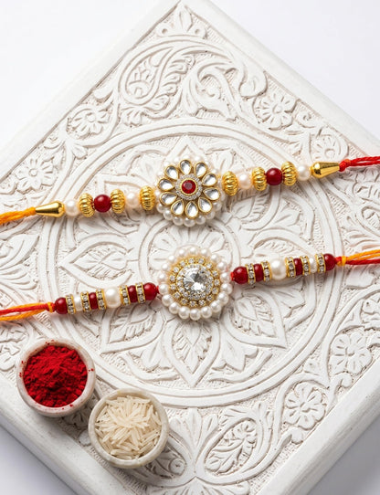 Ria Designer Set of 2 Golden Blossom Pearl Rakhi for Brother Bhai Bhabhi with Roli Chawal Pack | Traditional Rakshabandhan Ra