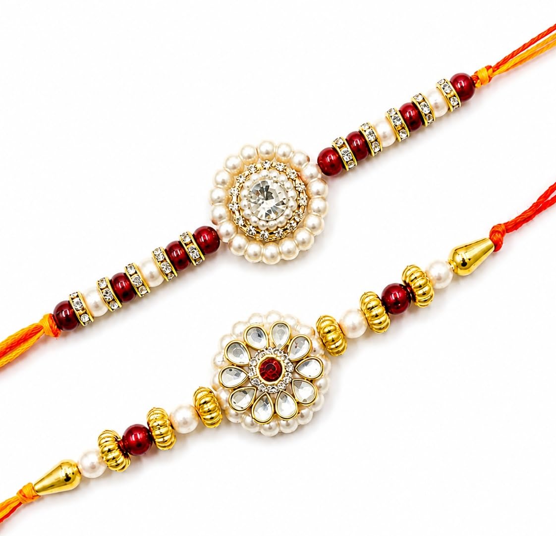 Ria Designer Set of 2 Golden Blossom Pearl Rakhi for Brother Bhai Bhabhi with Roli Chawal Pack | Traditional Rakshabandhan Ra