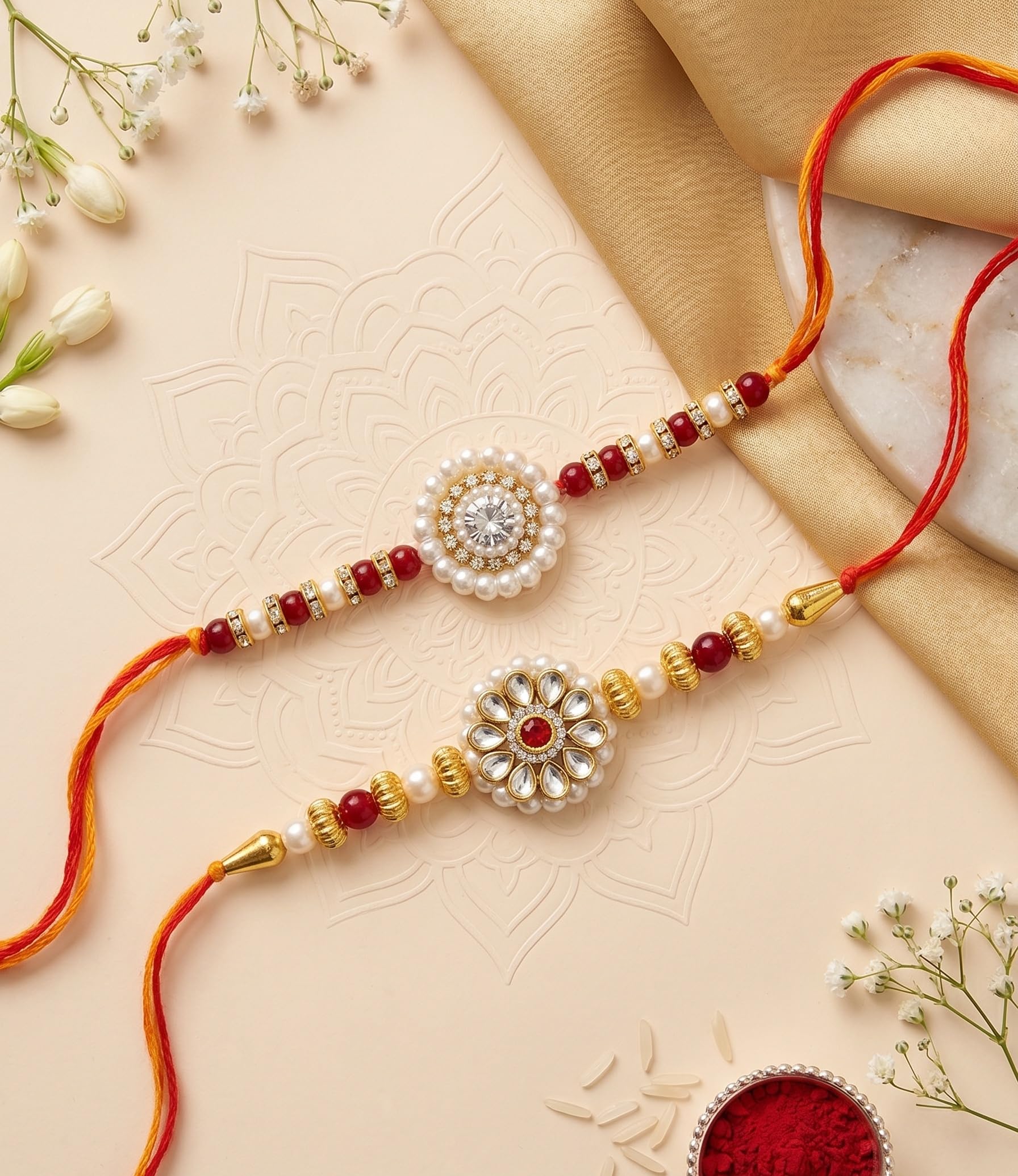 Ria Designer Set of 2 Golden Blossom Pearl Rakhi for Brother Bhai Bhabhi with Roli Chawal Pack | Traditional Rakshabandhan Ra
