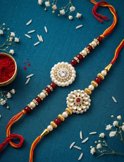 Ria Designer Set of 2 Golden Blossom Pearl Rakhi for Brother Bhai Bhabhi with Roli Chawal Pack | Traditional Rakshabandhan Ra