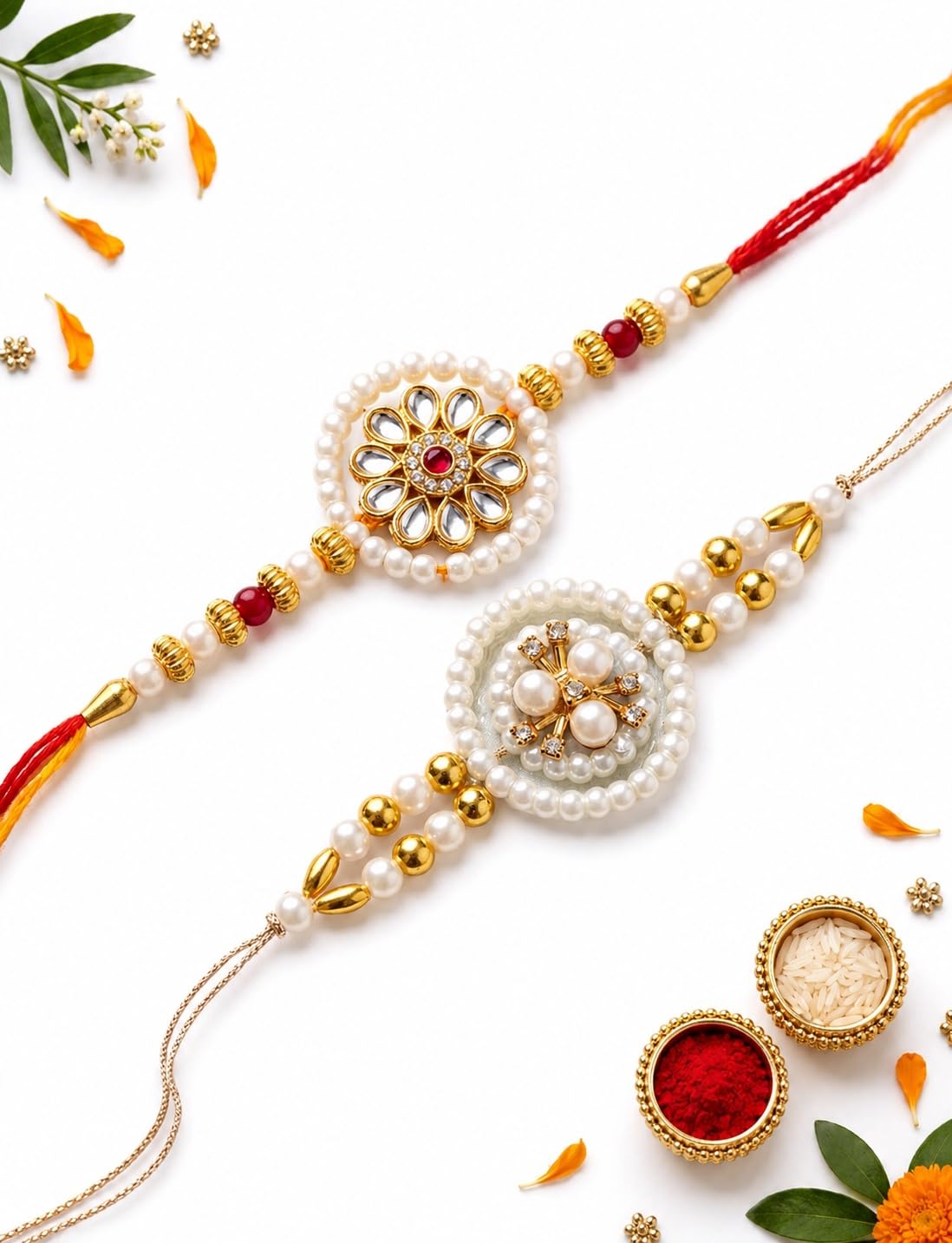Ria Designer Set of 2 Golden Flower Pearl Ring Rakhi for Brother Bhai Bhabhi with Roli Chawal Pack | Traditional Rakshabandha