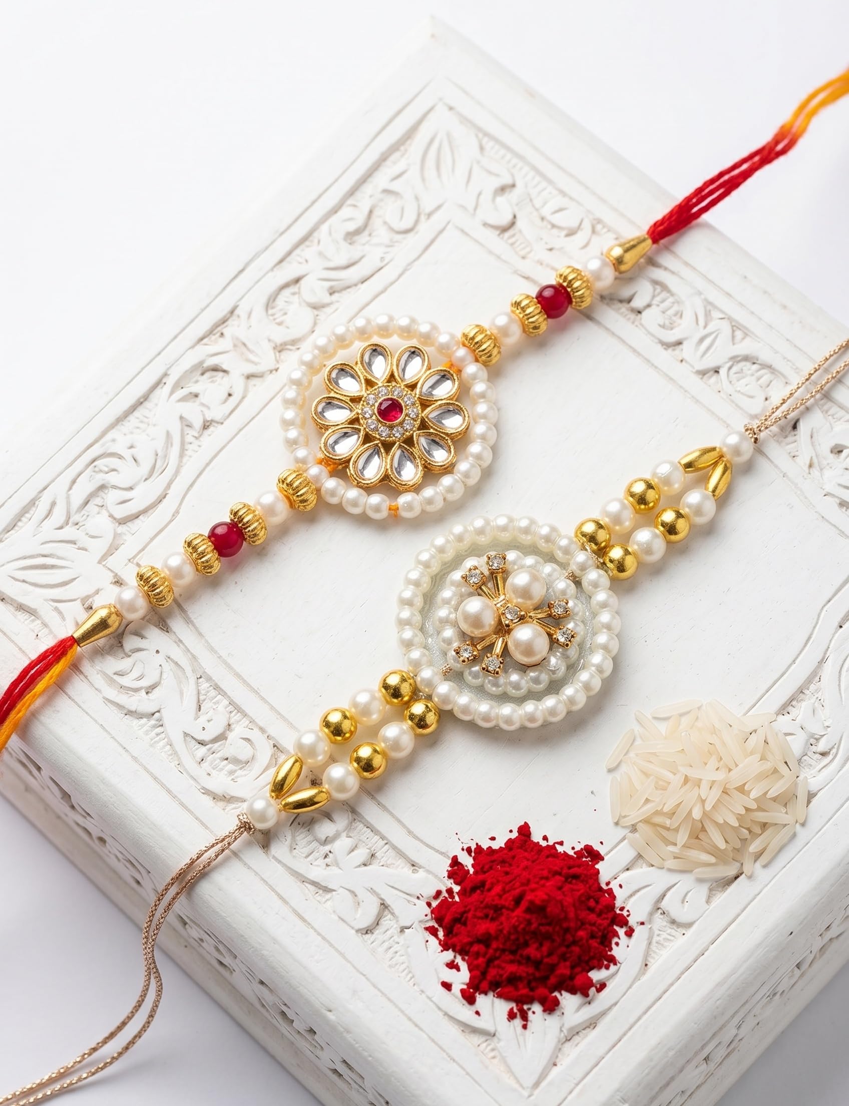 Ria Designer Set of 2 Golden Flower Pearl Ring Rakhi for Brother Bhai Bhabhi with Roli Chawal Pack | Traditional Rakshabandha