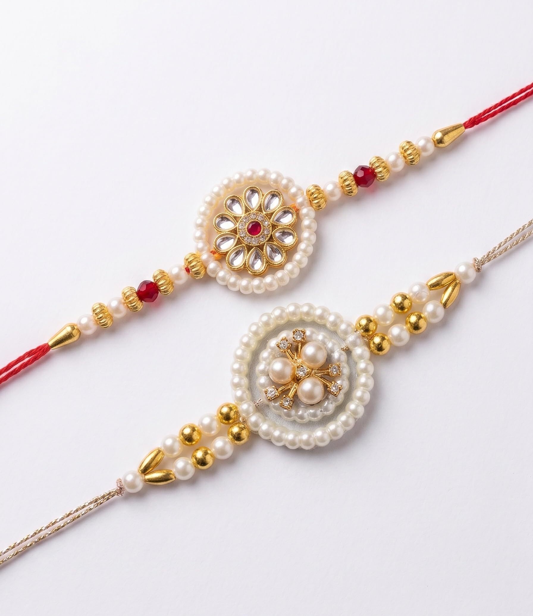 Ria Designer Set of 2 Golden Flower Pearl Ring Rakhi for Brother Bhai Bhabhi with Roli Chawal Pack | Traditional Rakshabandha