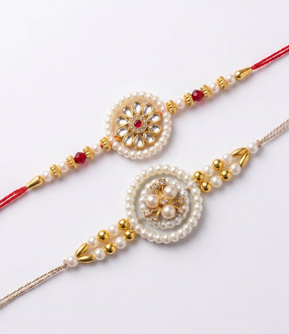 Ria Designer Set of 2 Golden Flower Pearl Ring Rakhi for Brother Bhai Bhabhi with Roli Chawal Pack | Traditional Rakshabandha