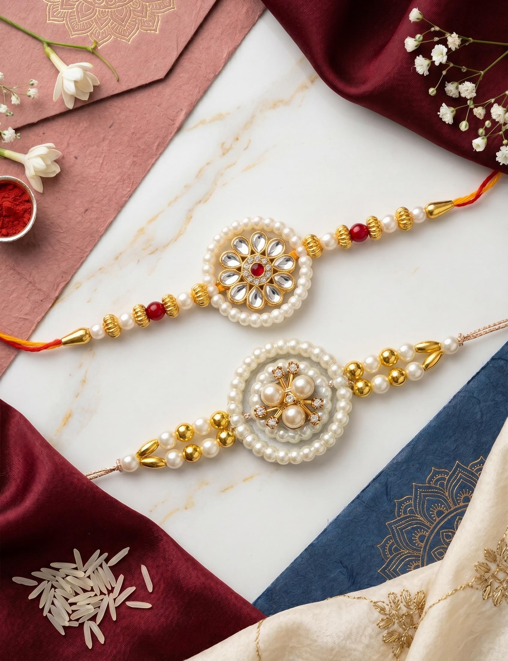 Ria Designer Set of 2 Golden Flower Pearl Ring Rakhi for Brother Bhai Bhabhi with Roli Chawal Pack | Traditional Rakshabandha