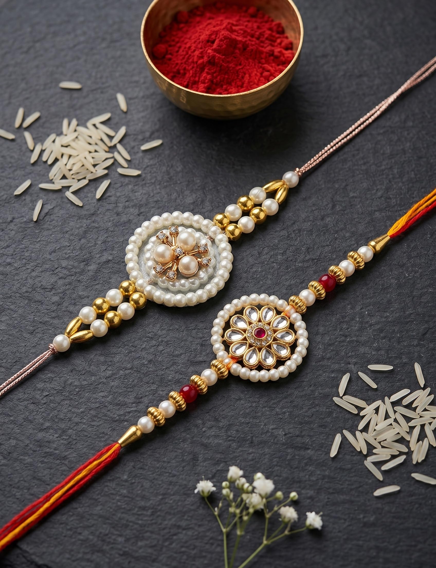 Ria Designer Set of 2 Golden Flower Pearl Ring Rakhi for Brother Bhai Bhabhi with Roli Chawal Pack | Traditional Rakshabandha