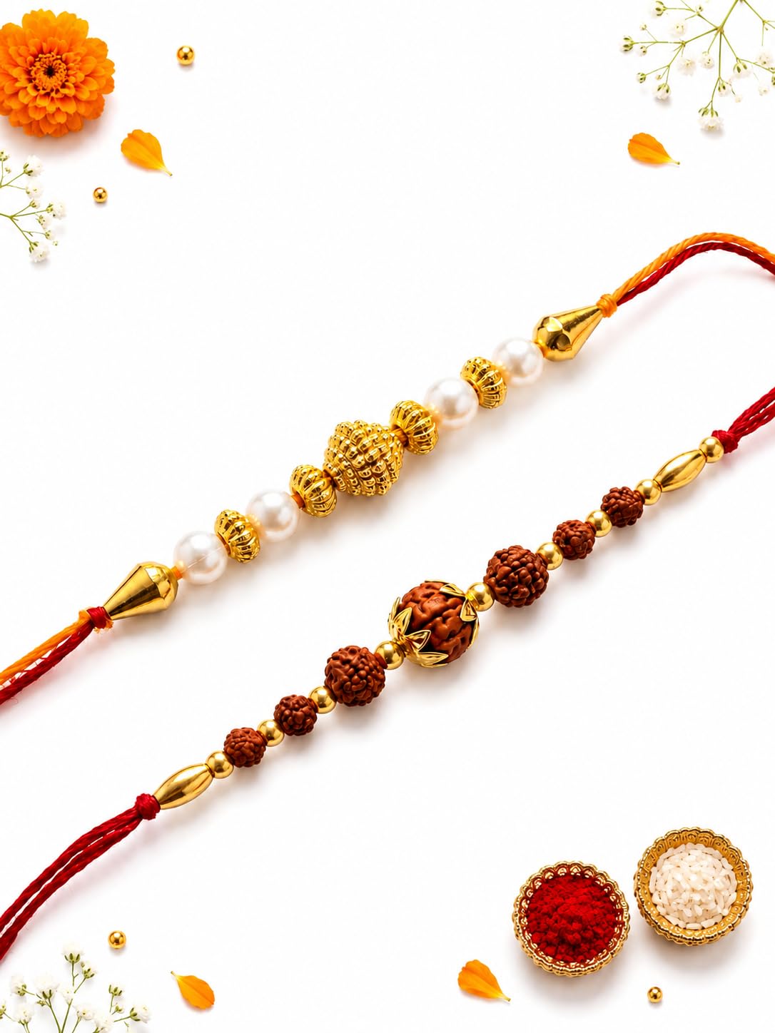 Ria Designer Set of 2 Traditional Golden Rudraksh Rakhi for Brother Bhai Bhabhi with Roli Chawal Pack | Traditional Rakshaban