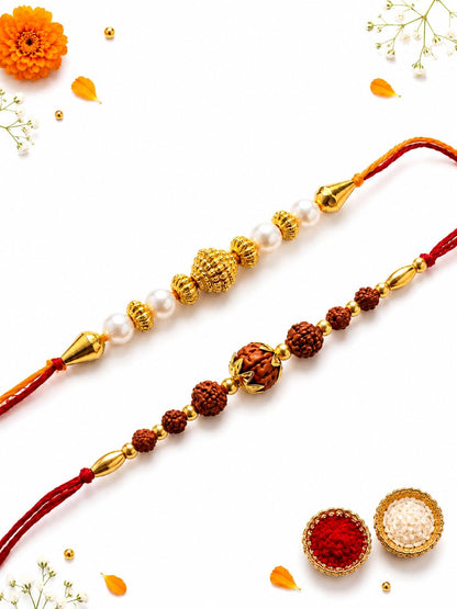 Ria Designer Set of 2 Traditional Golden Rudraksh Rakhi for Brother Bhai Bhabhi with Roli Chawal Pack | Traditional Rakshaban