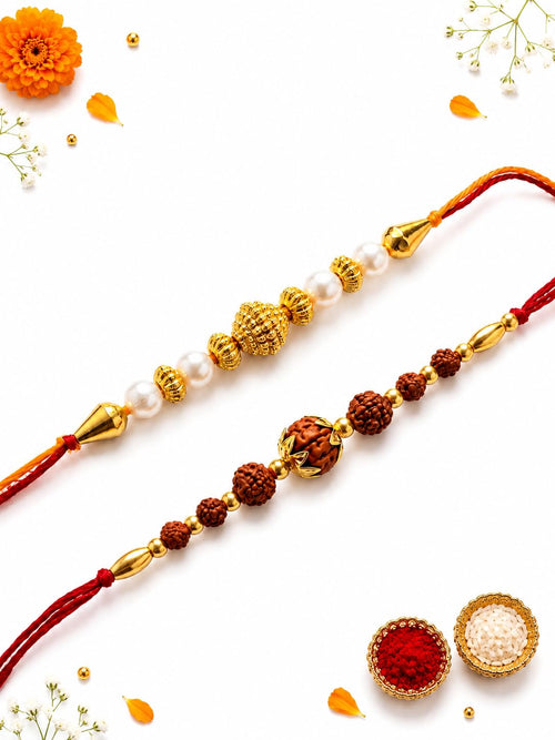 Ria Designer Set of 2 Traditional Golden Rudraksh Rakhi for Brother Bhai Bhabhi with Roli Chawal Pack | Traditional Rakshaban