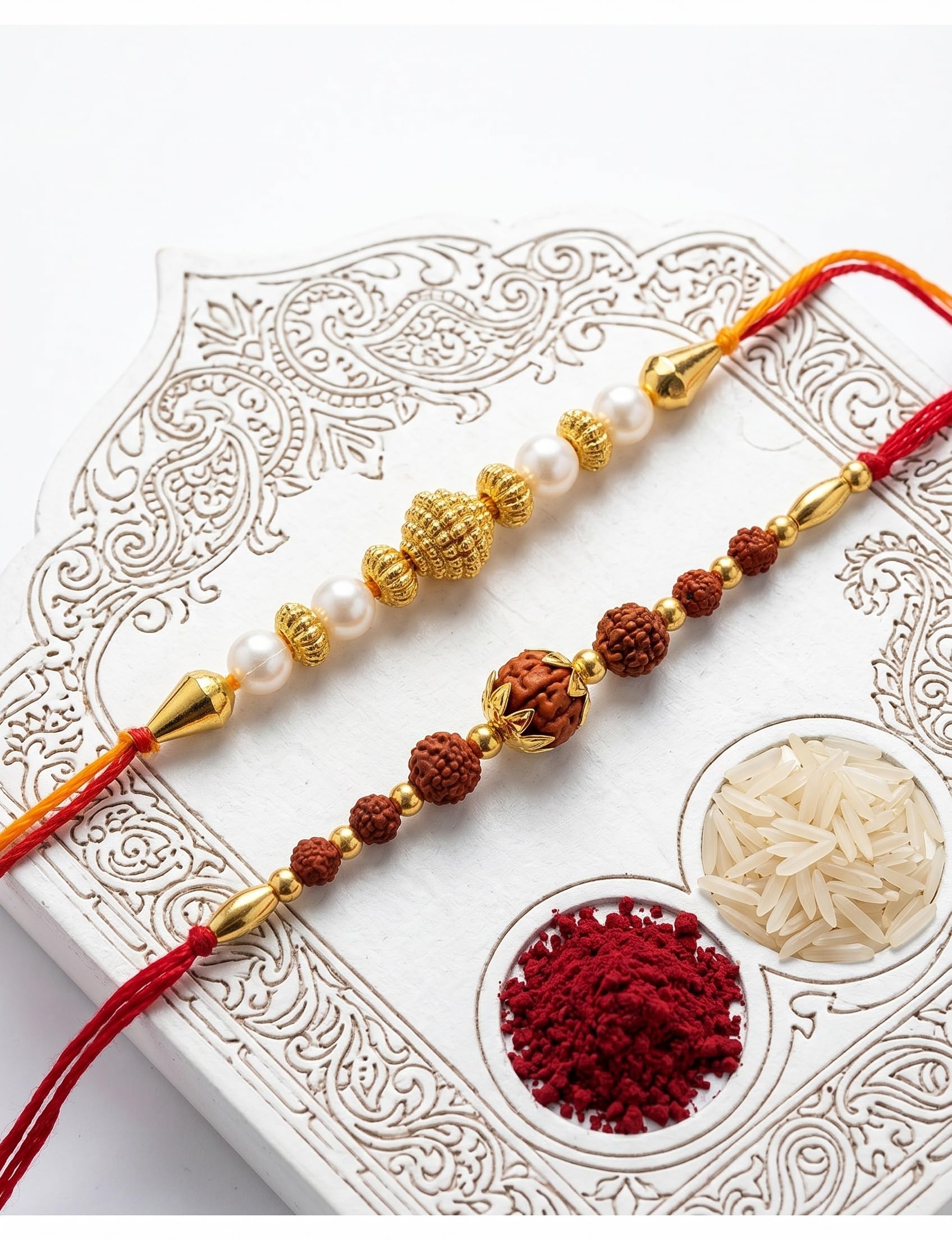 Ria Designer Set of 2 Traditional Golden Rudraksh Rakhi for Brother Bhai Bhabhi with Roli Chawal Pack | Traditional Rakshaban