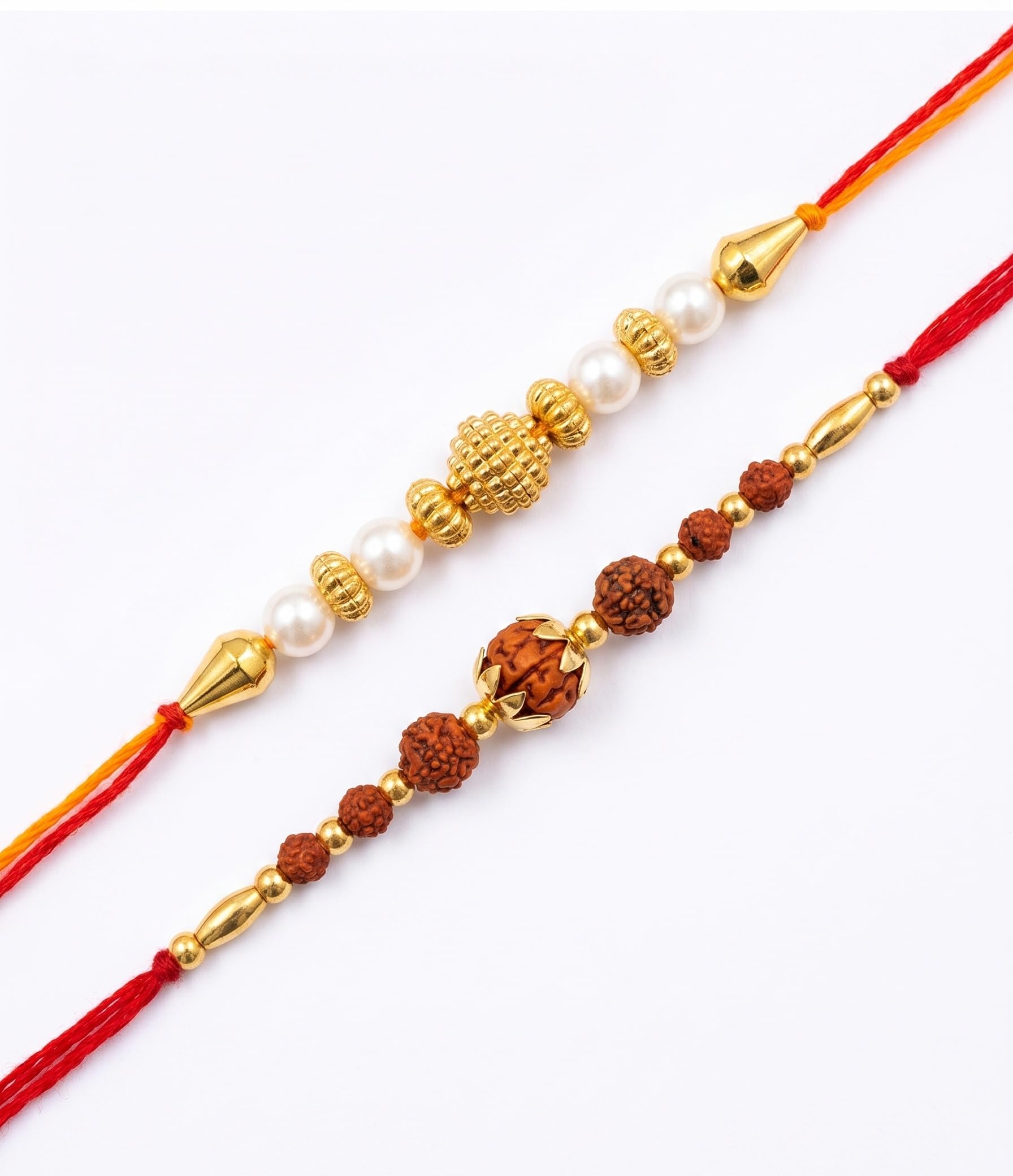 Ria Designer Set of 2 Traditional Golden Rudraksh Rakhi for Brother Bhai Bhabhi with Roli Chawal Pack | Traditional Rakshaban