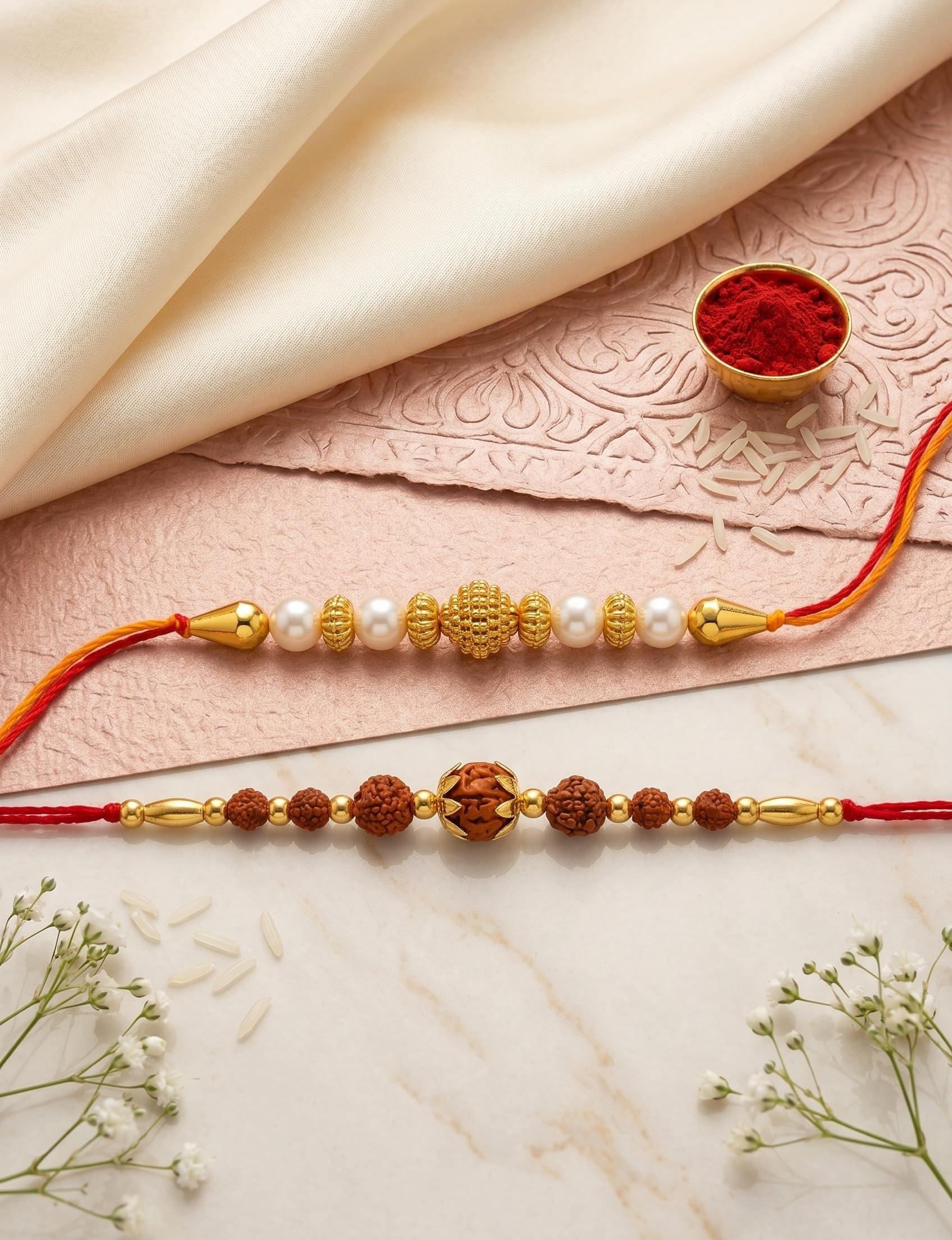 Ria Designer Set of 2 Traditional Golden Rudraksh Rakhi for Brother Bhai Bhabhi with Roli Chawal Pack | Traditional Rakshaban