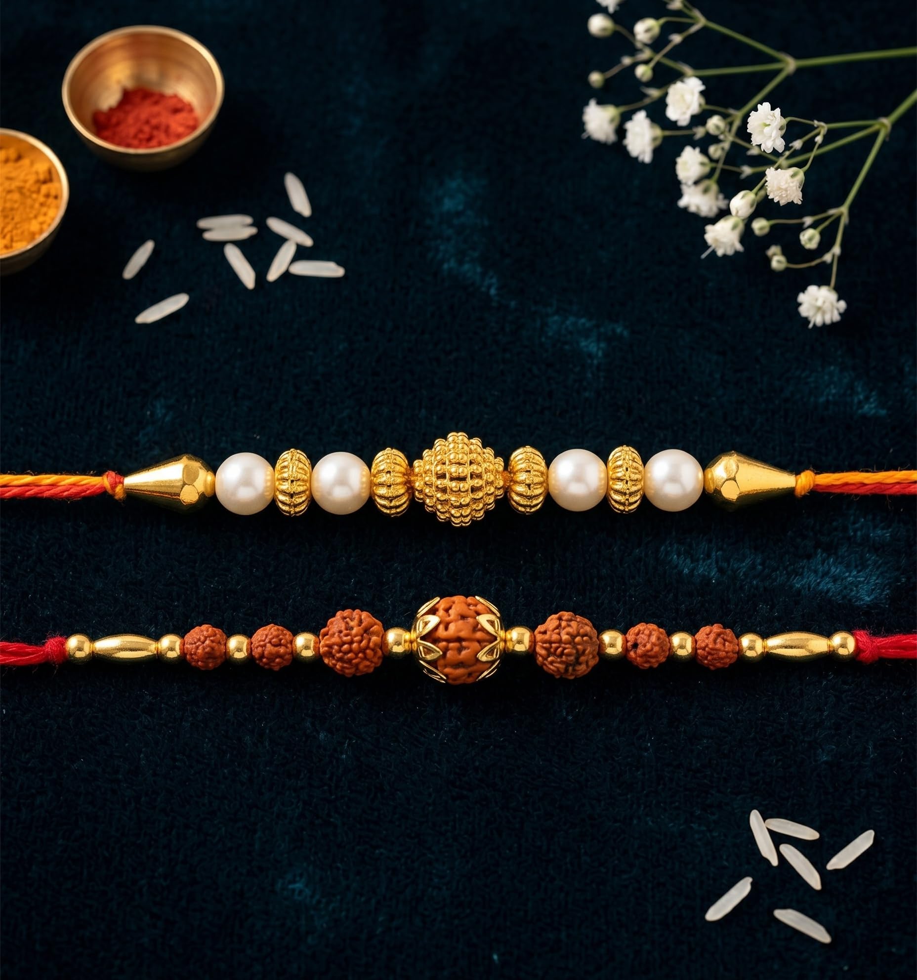 Ria Designer Set of 2 Traditional Golden Rudraksh Rakhi for Brother Bhai Bhabhi with Roli Chawal Pack | Traditional Rakshaban