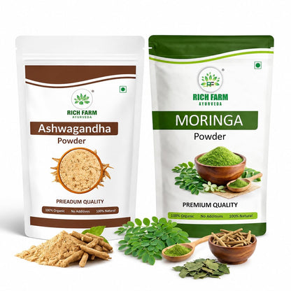 RICH FARM AYURVEDA Moringa Powder and Ashwagandha Powder Combo, 50g Each, Herbal Powders