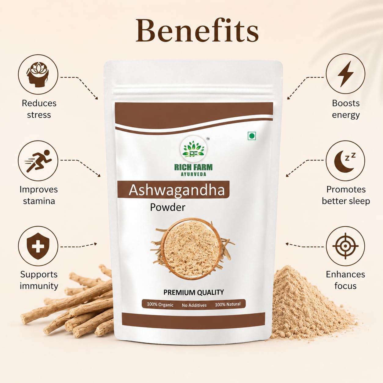 RICH FARM AYURVEDA Moringa Powder and Ashwagandha Powder Combo, 50g Each, Herbal Powders - packaging