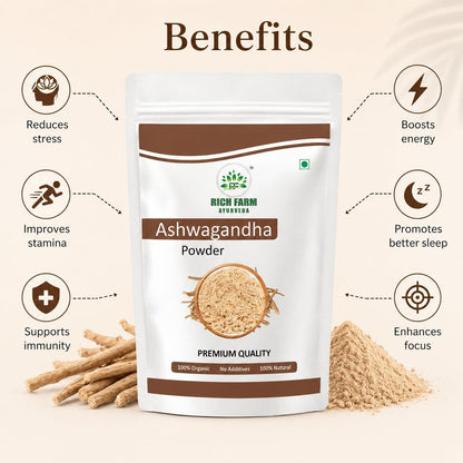 RICH FARM AYURVEDA Moringa Powder and Ashwagandha Powder Combo, 50g Each, Herbal Powders - packaging