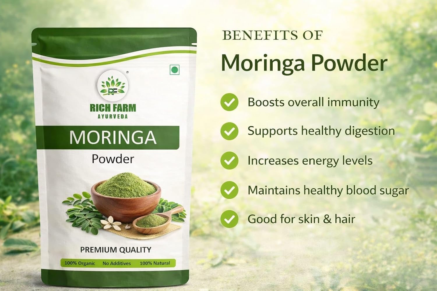 RICH FARM AYURVEDA Moringa Powder and Ashwagandha Powder Combo, 50g Each, Herbal Powders - label detail
