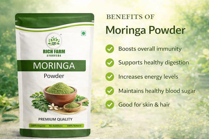 RICH FARM AYURVEDA Moringa Powder and Ashwagandha Powder Combo, 50g Each, Herbal Powders - label detail