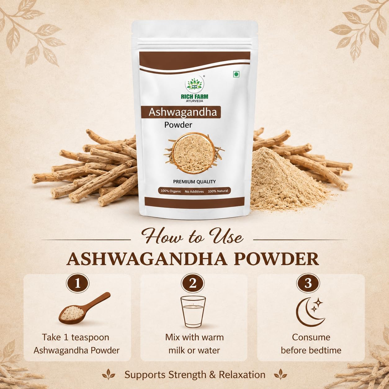 RICH FARM AYURVEDA Moringa Powder and Ashwagandha Powder Combo, 50g Each, Herbal Powders - ingredients panel