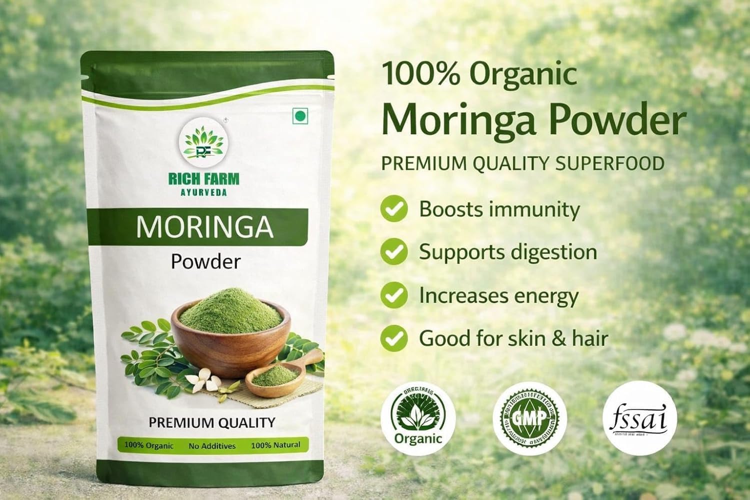 RICH FARM AYURVEDA Moringa Powder and Ashwagandha Powder Combo, 50g Each, Herbal Powders - close-up detail