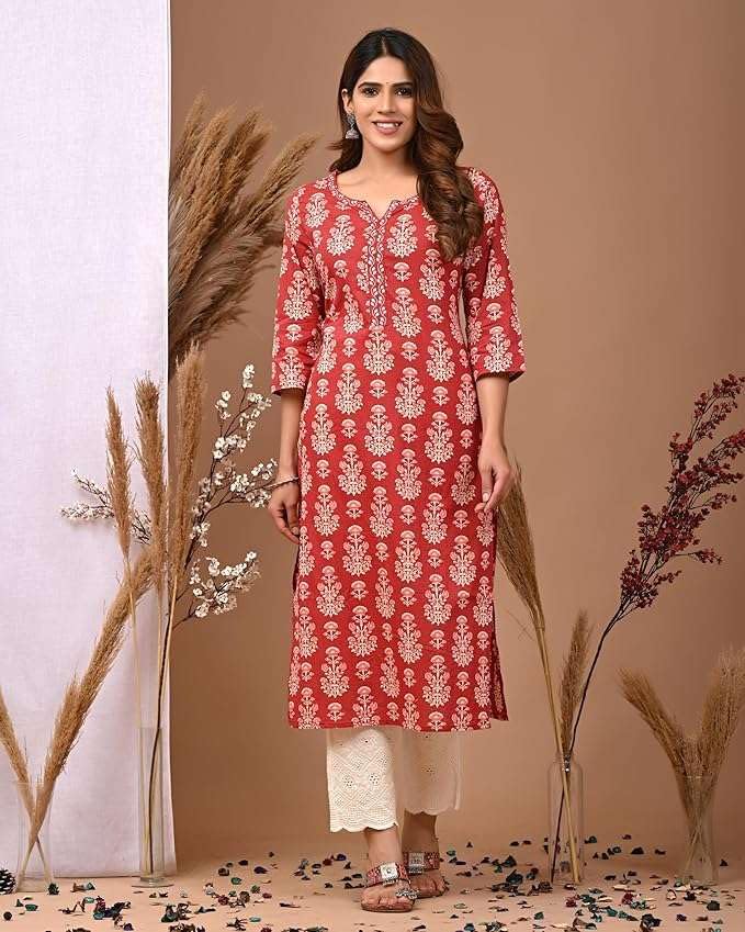 Rimeline Cotton Kurta for Women, Round Neck, Three Quarter Sleeves, Straight Fit Kurta (S-XXL) - front view (10)