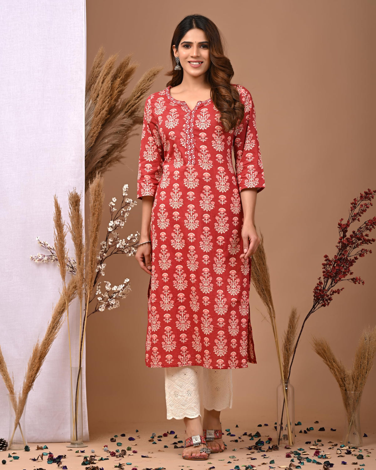 Rimeline Cotton Kurta for Women, Round Neck, Three Quarter Sleeves, Straight Fit Kurta (S-XXL) - back view (11)