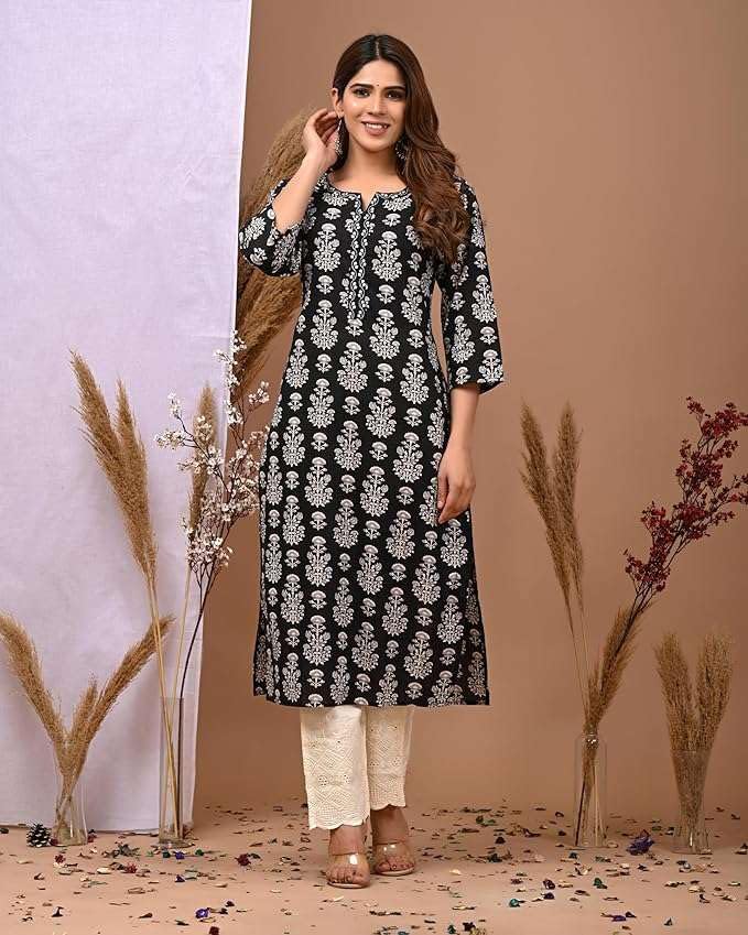Rimeline Cotton Kurta for Women, Round Neck, Three Quarter Sleeves, Straight Fit Kurta (S-XXL) - front view