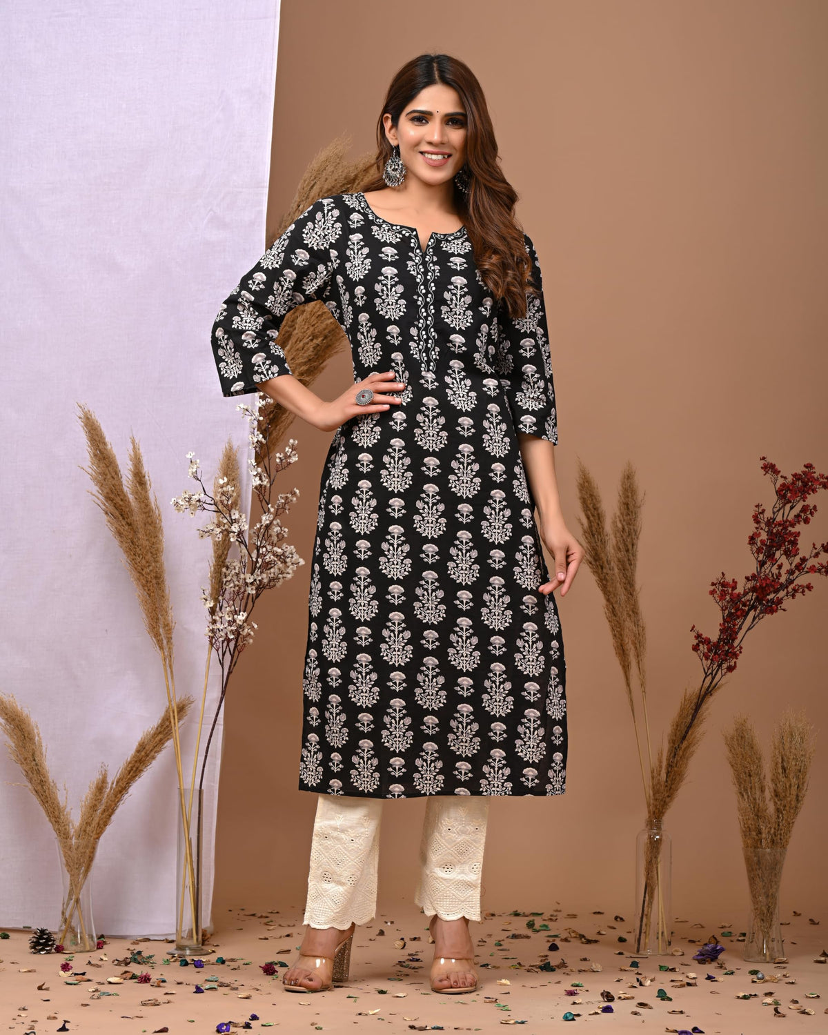 Rimeline Cotton Kurta for Women, Round Neck, Three Quarter Sleeves, Straight Fit Kurta (S-XXL) - back view