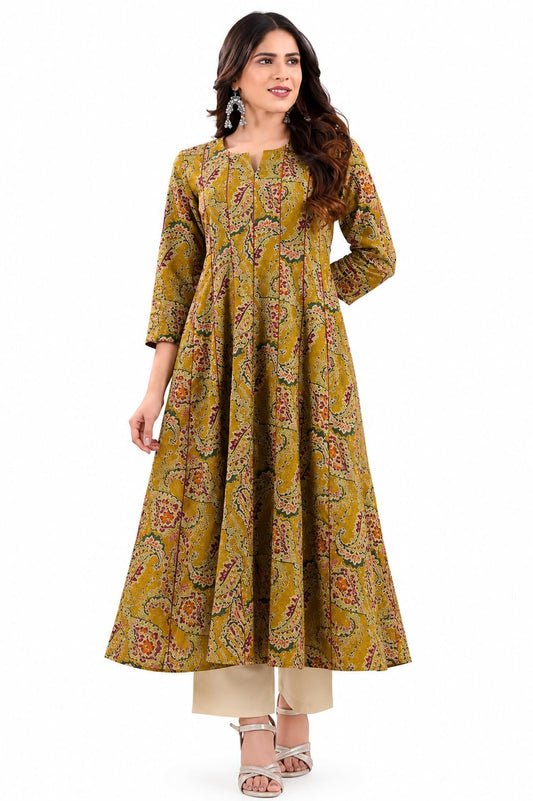 Rimeline Women's Cotton Anarkali Kurta Mustard Flared Ethnic Kurti with Paisley Print