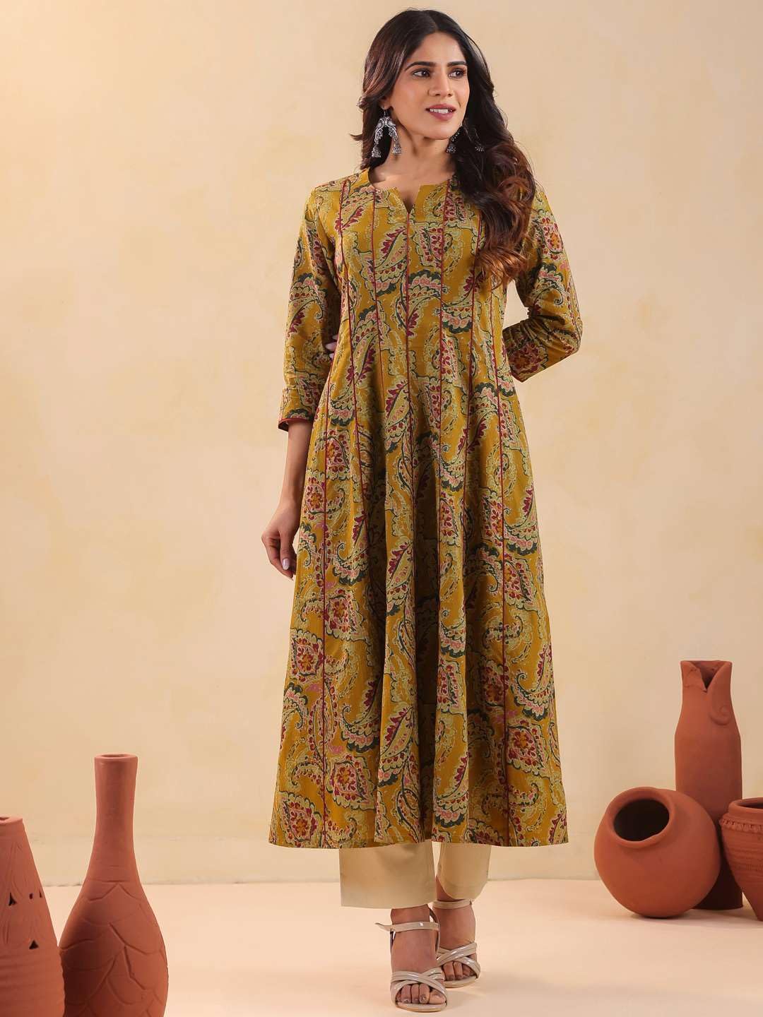 Rimeline Women's Cotton Anarkali Kurta Mustard Flared Ethnic Kurti with Paisley Print - front view