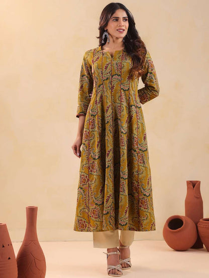 Rimeline Women's Cotton Anarkali Kurta Mustard Flared Ethnic Kurti with Paisley Print - front view