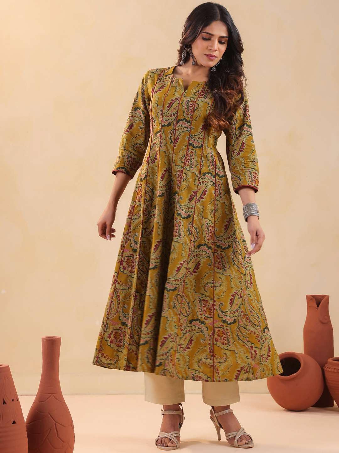 Rimeline Women's Cotton Anarkali Kurta Mustard Flared Ethnic Kurti with Paisley Print - back view